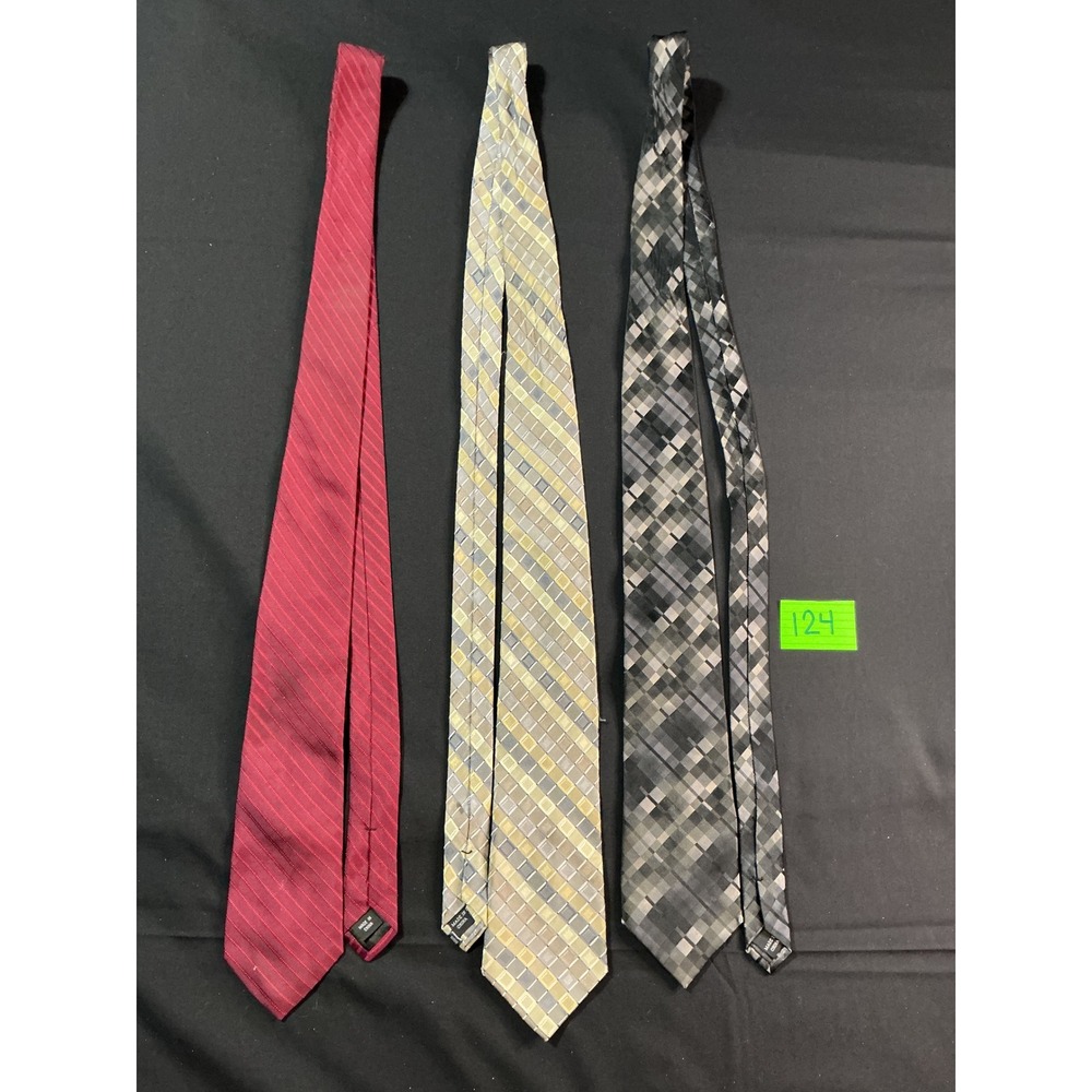 Calvin Klein Mens Necktie Lot of 3 Burgundy Striped Grey Plaid Geometric Ties